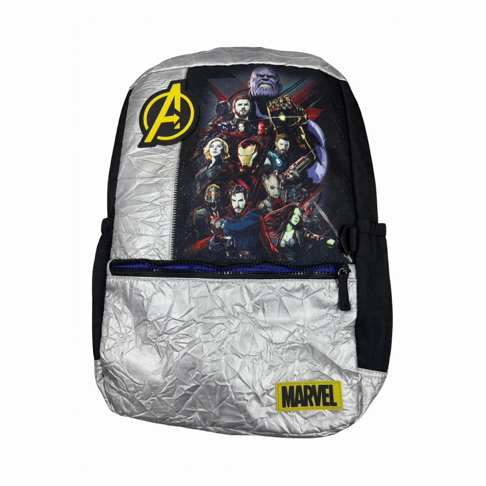 Marvel Avengers Large Drawstring Backpack Silver/Black Front Zip Pocket